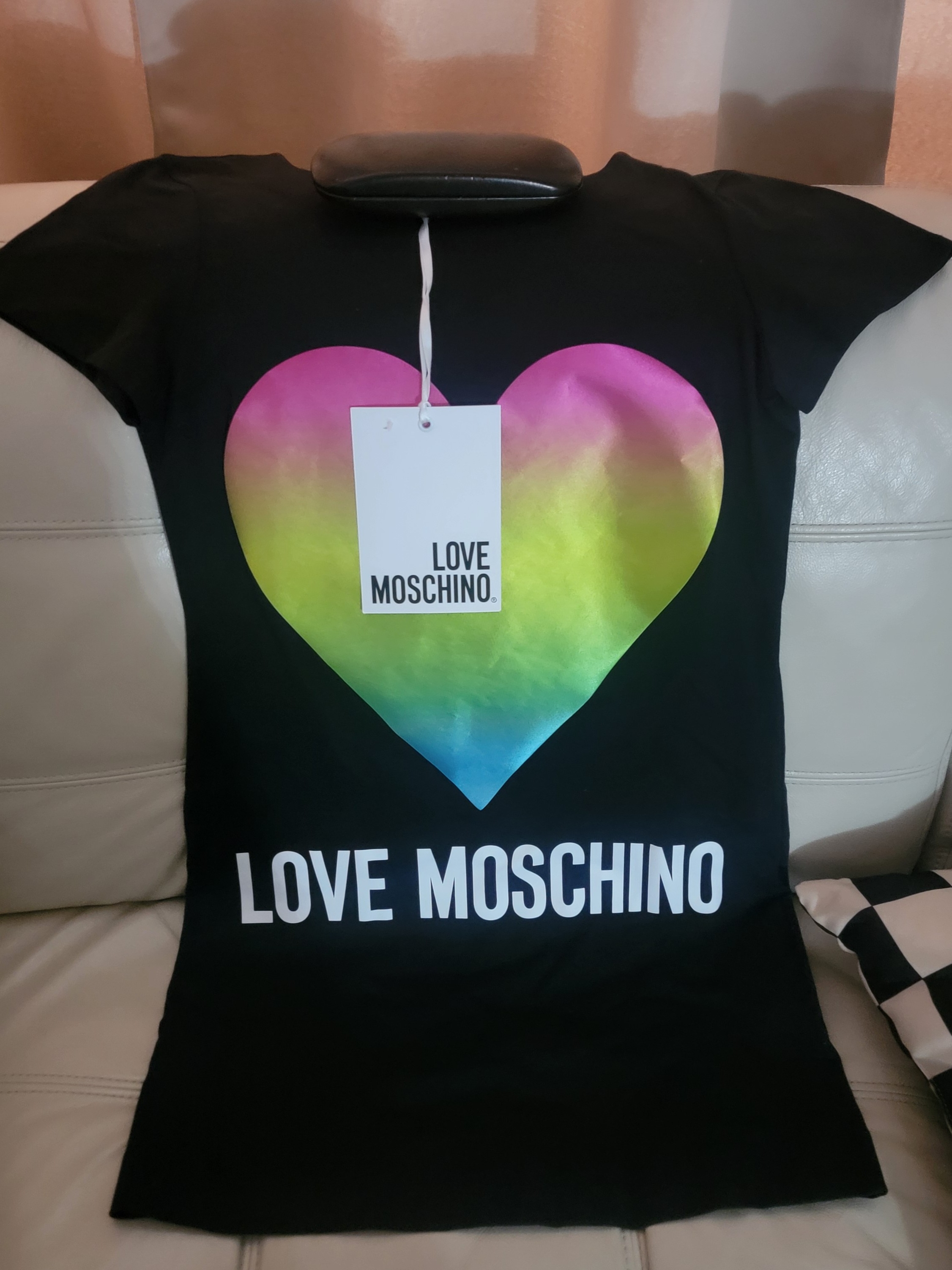 Love Moschino Black Tee With Pink-Green-Blue Gradient Heart